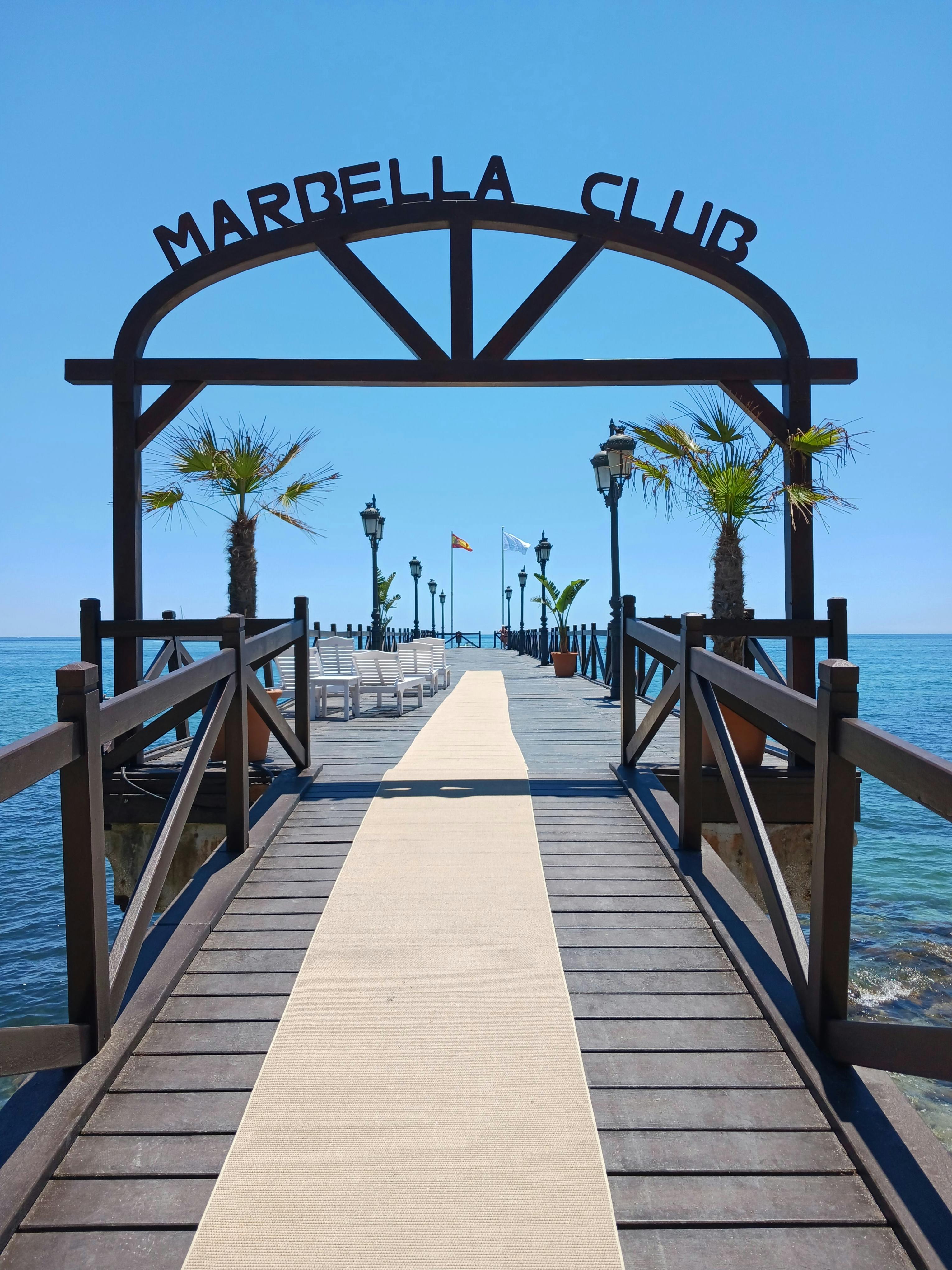 The iconic entrance bridge leading to the luxury Marbella Club Hotel on the Golden Mile in Marbella.