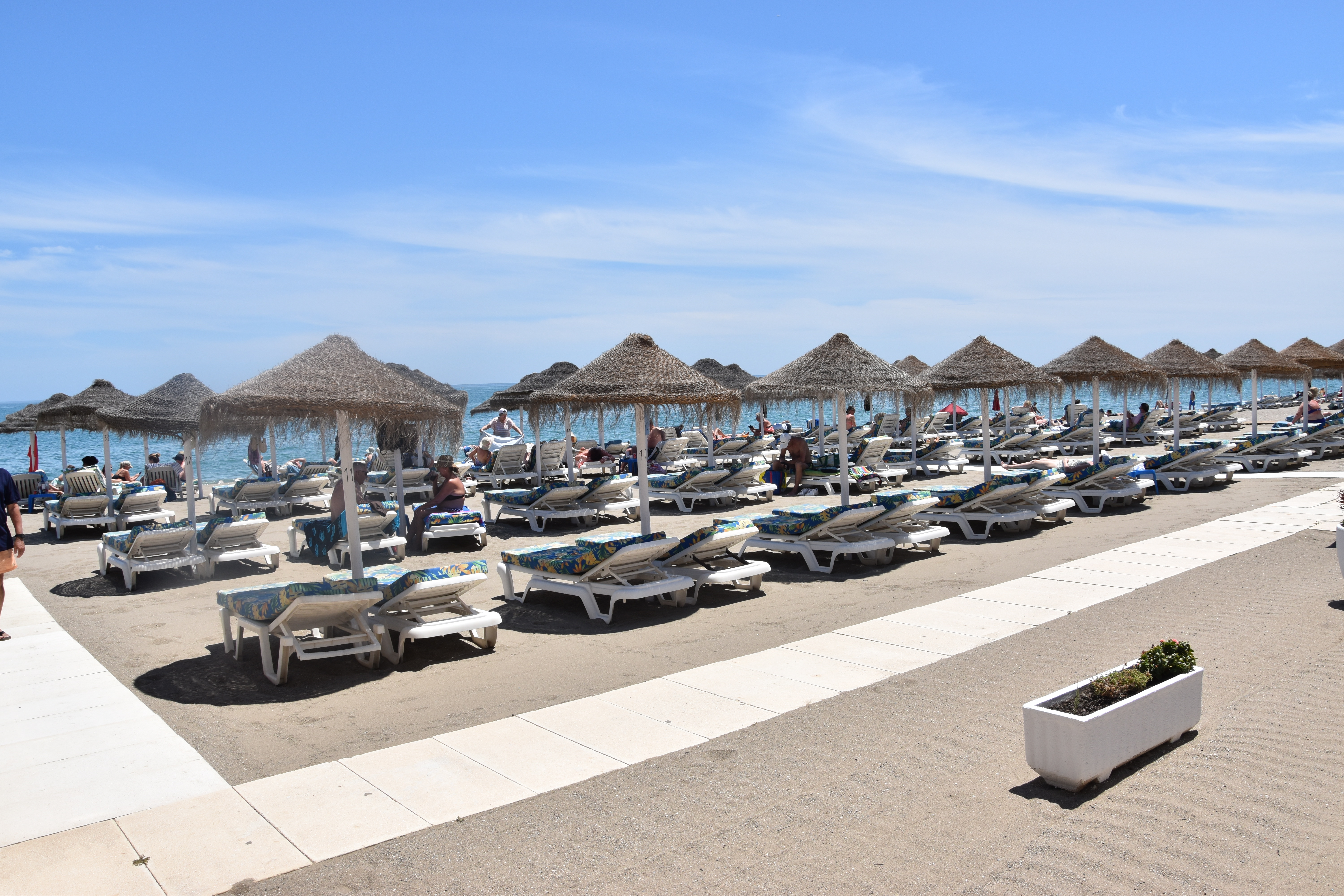Rows of beach sunbeds and straw umbrellas on the sand next to the ocean and the sea promenade in Fuengirola.