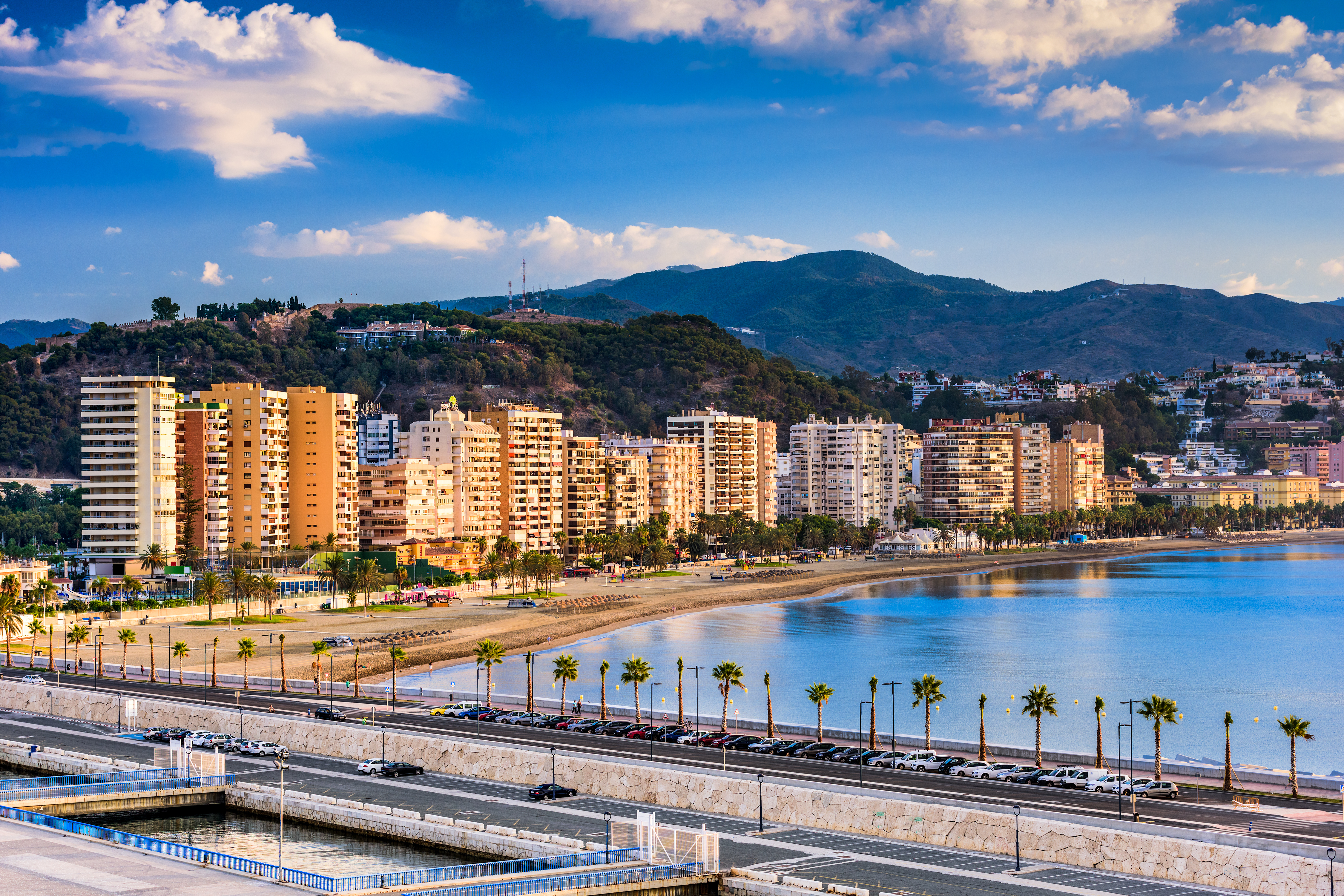 view of Málaga skyline and Malagueta beach