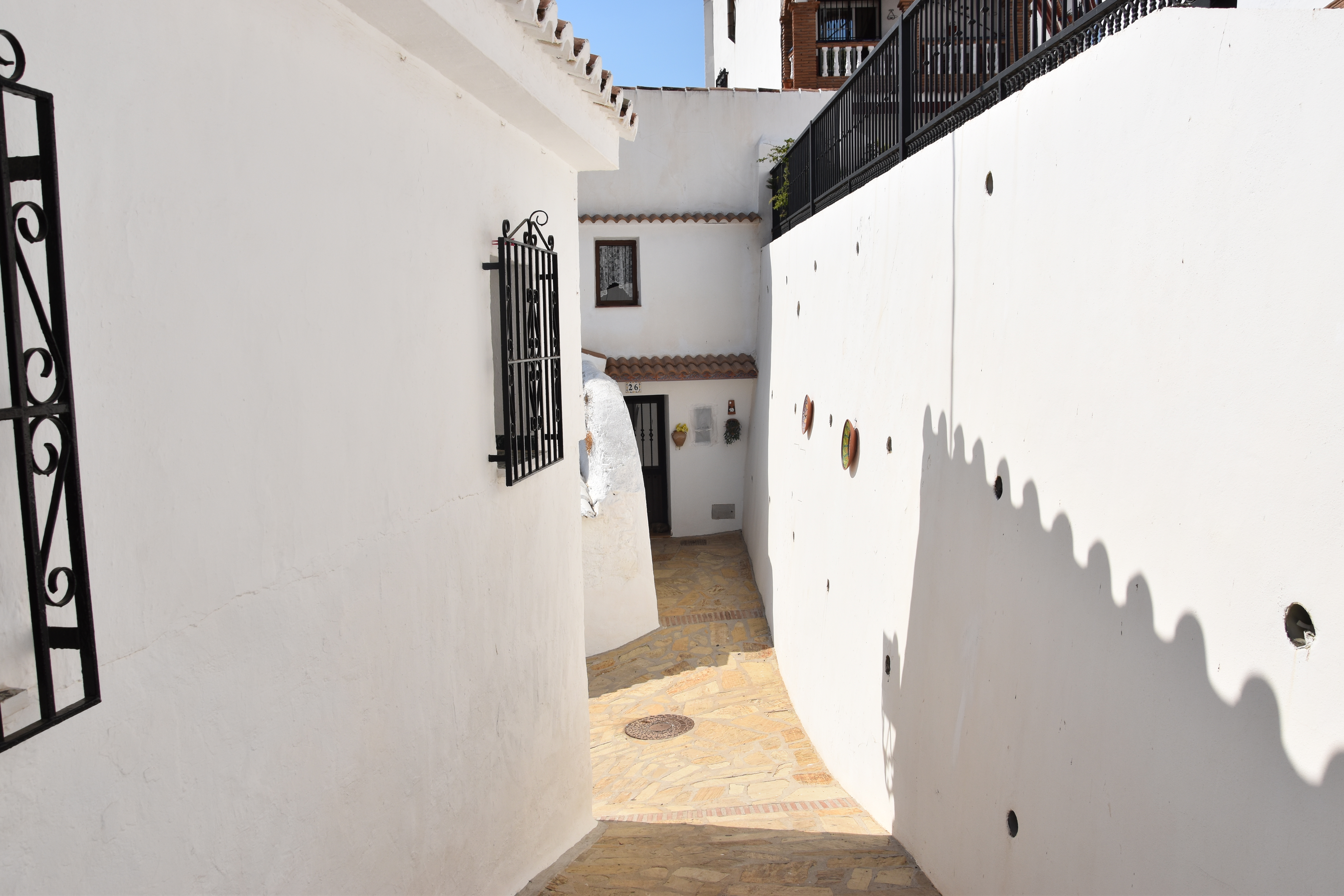 Narrow whitewashed alleyway decorated with colorful potted plants in the traditional white village of Iznate, Andalusia.