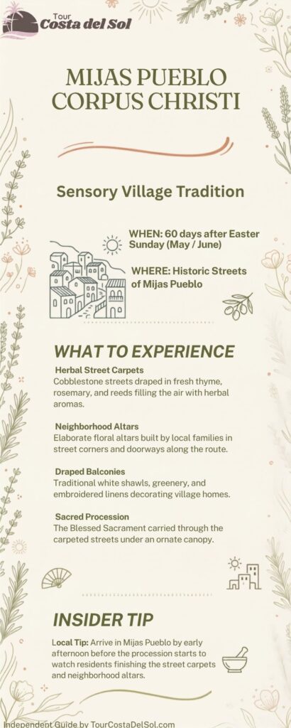 Infographic guide to Corpus Christi in Mijas Pueblo showing herbal street carpets, neighborhood altars, and procession tips