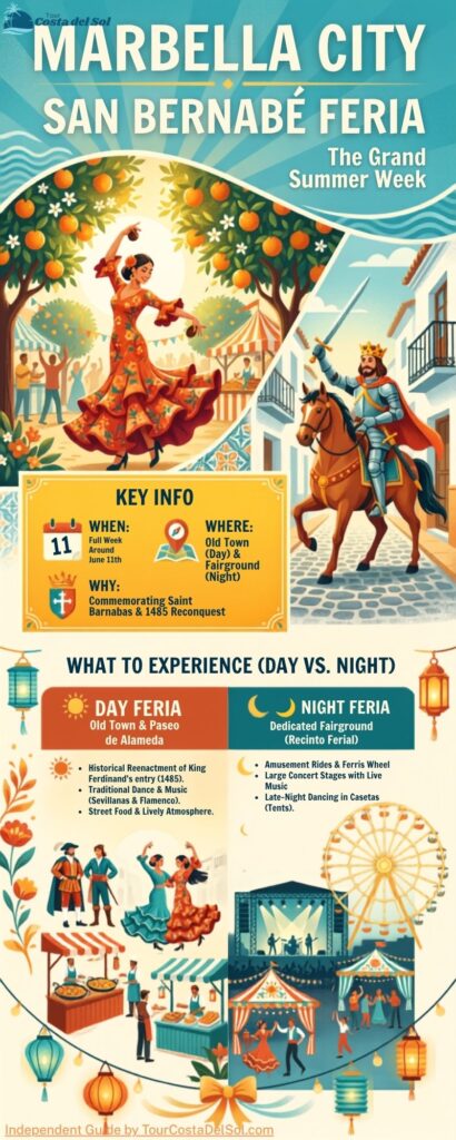 Infographic guide to San Bernabé Feria in Marbella showing Day Fair locations, Night Fair highlights, and visitor tips