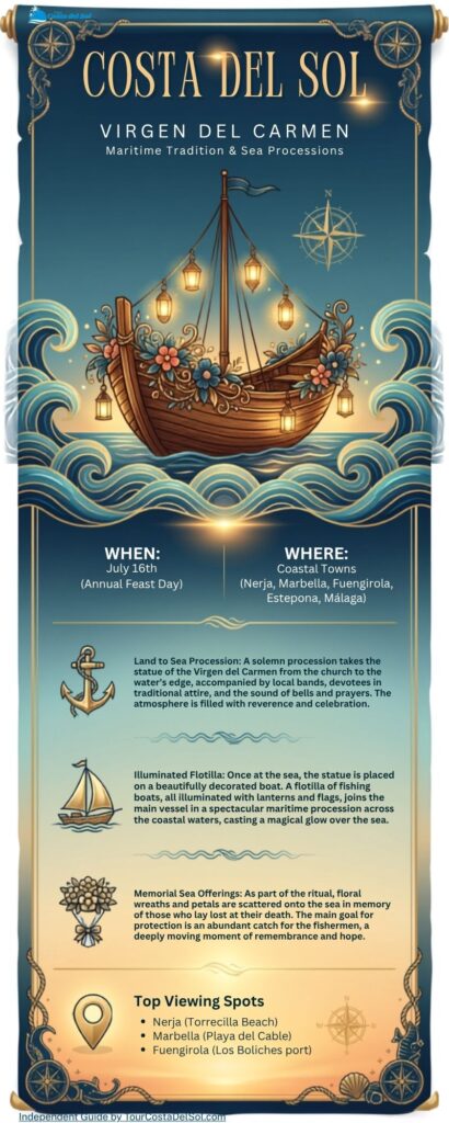Infographic guide to the Virgen del Carmen festival in Costa del Sol showing maritime processions, top viewing spots, and traditions