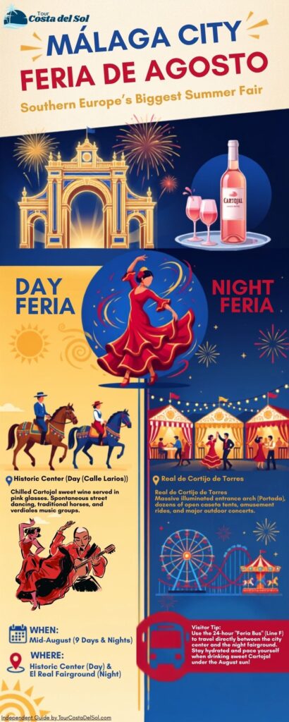 Infographic guide to Feria de Agosto in Malaga showing Day Fair vs Night Fair locations, highlights, and visitor tips