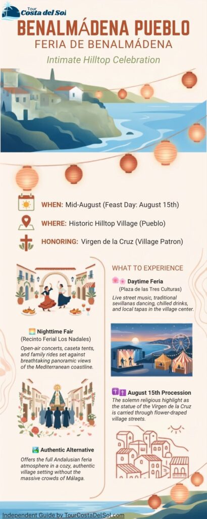 Infographic guide to Feria de Benalmadena Pueblo showing hilltop fairground locations, daytime plaza highlights, and visitor tips