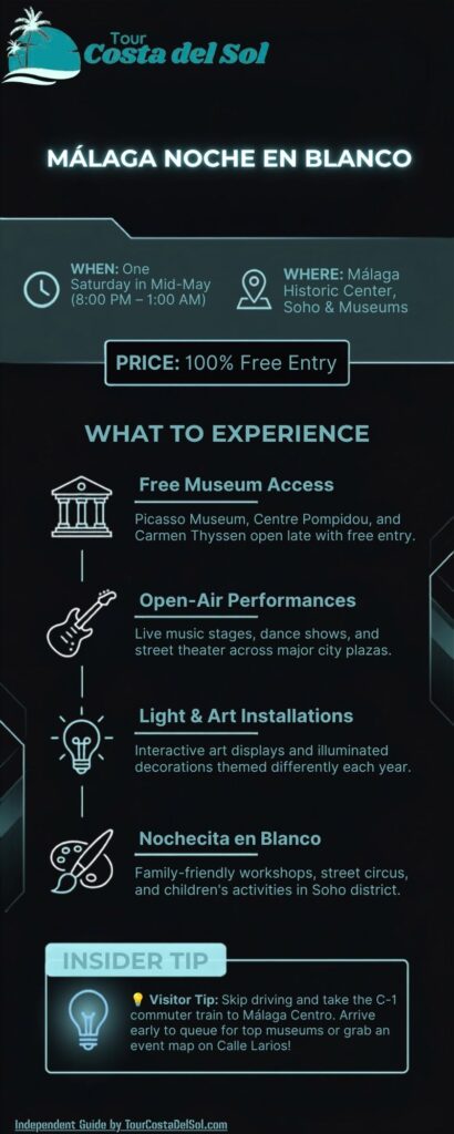 Infographic guide to Noche en Blanco in Malaga showing free museum hours, street performances, and visitor tips